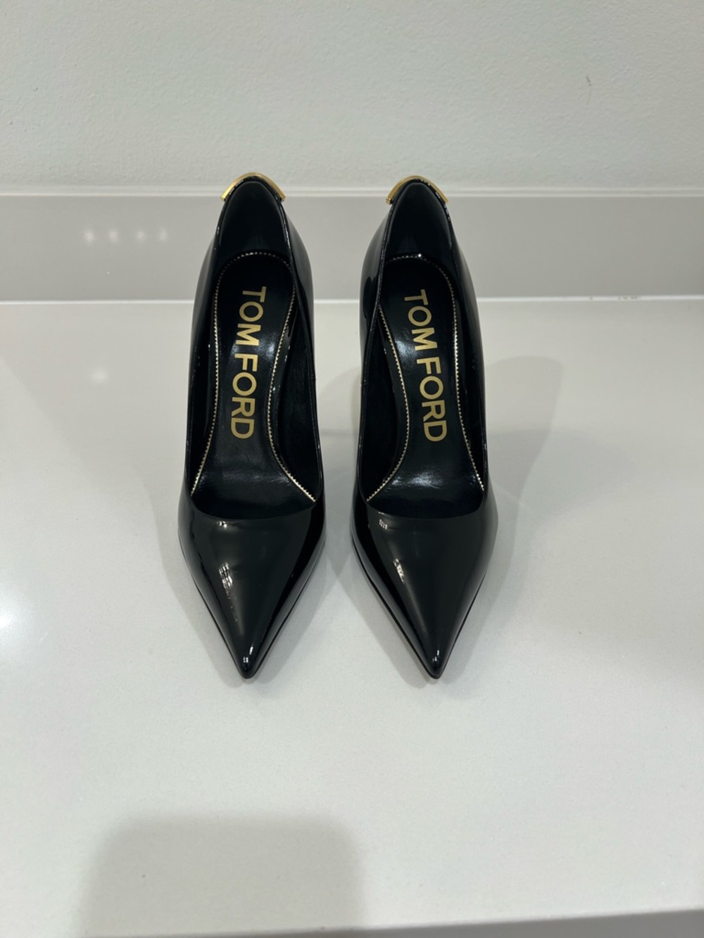 Tom Ford Black Patent Pointed-Toe Pumps with Gold Trim